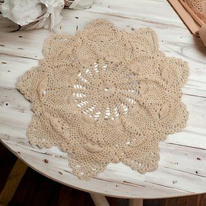 Handmade Doily Crochet Floral Coffee Table 14" Vintage Grandma Core Lace Cream